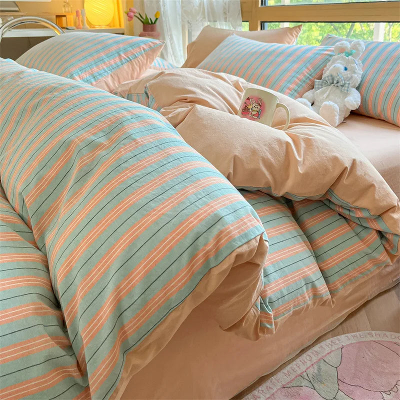 Cyflymder  Class A 100% Cotton Striped Bedding Sets Yarn Dyed Washed Cotton Breathable Duvet Cover Kit Single Bedclothes for All Seasons