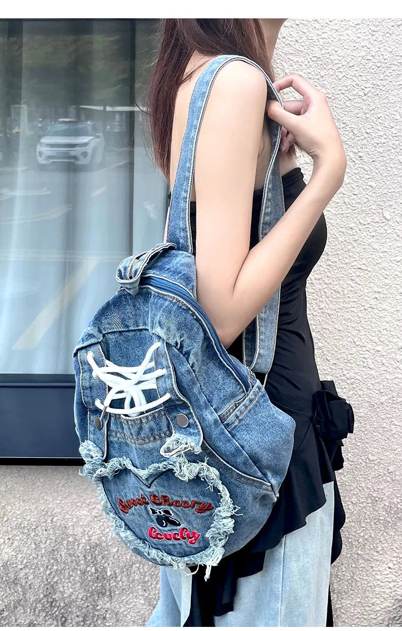 Cyflymder  Cute Pink Denim Women Backpacks Large capacity shoulder Bags Girls School Bags Embroidered letters daypacks Travel Jean Bagpack
