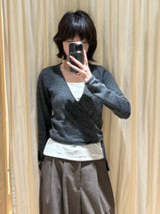 Cyflymder  Lace-up Knitted Mohair Sweater Cardigan Women Autumn V-neck Long Sleeve Cute Sweaters Preppy Style Knitwear Crop Tops
