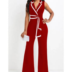 Cyflymder  Summer Commuter Style Women Jumpsuit Striped Splicing Notched Collar Wide Leg Jumpsuits Solid One Piece Suit OL Romper