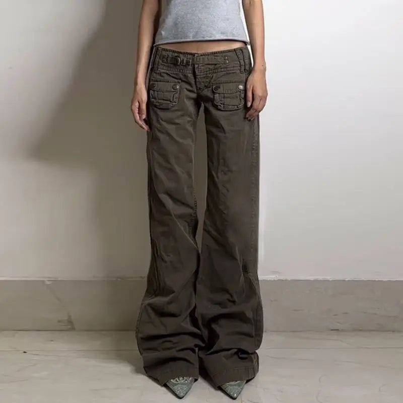 Cyflymder  Y2K New Army Green Cargo Pants Women Harajuku Retro Multi Pockets Slim Fit Jeans Denim Trousers Goth Low Rise Floor Length Jeans