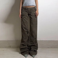 Cyflymder  Y2K New Army Green Cargo Pants Women Harajuku Retro Multi Pockets Slim Fit Jeans Denim Trousers Goth Low Rise Floor Length Jeans