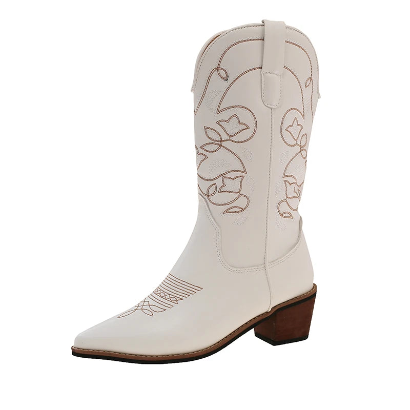 Cyflymder  Autumn Winter Vintage Women Western Cowboy Boots Fashion Slip On Thick Heel Shoes Embroidery Knight Mid Calf Botas