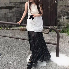 Cyflymder  Women's Clothing Korean Polka Dot Long Skirts Vintage High Waist Spring Summer Aura Basic A-Line Stylish Folds Elegant Skirts