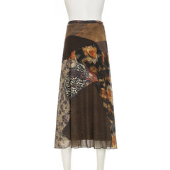 Cyflymder  Vintage Floral Print Patchwork Mesh Skirts Gothic 90s Loose A-line Skirt Y2K Aesthetic Women Skirt Party Club Clothing