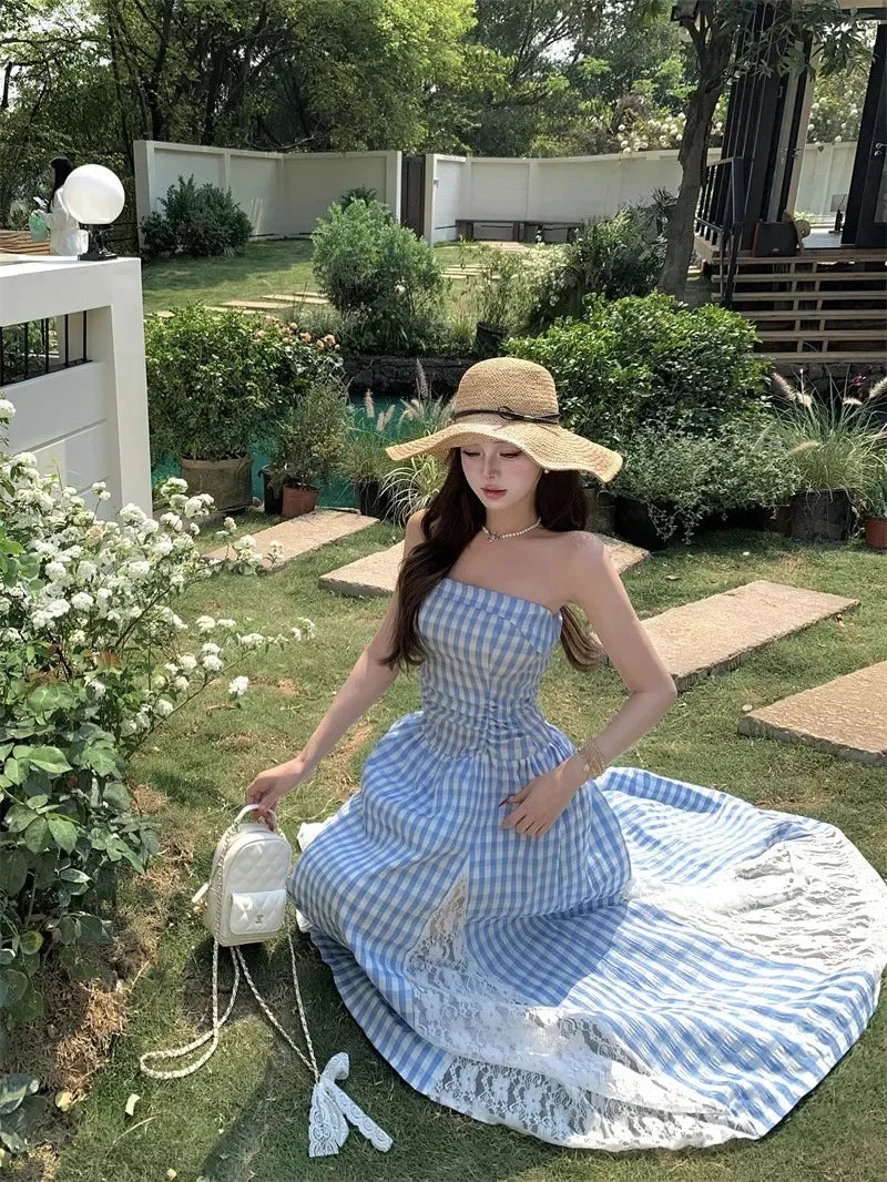 Cyflymder  Korean Style Blue Plaid Lace Halter Dress Women Summer 2025 Sweet Beach Vacation Maxi Skirt Long Dress One Shoulder Sleeveless
