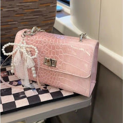 Cyflymder  Hot Girl Sweet Bow Handbag Women Premium Crocodile Texture  Leather Shoulder Bag Ladies 2025 New Y2K Aesthetic Crossbody Purse
