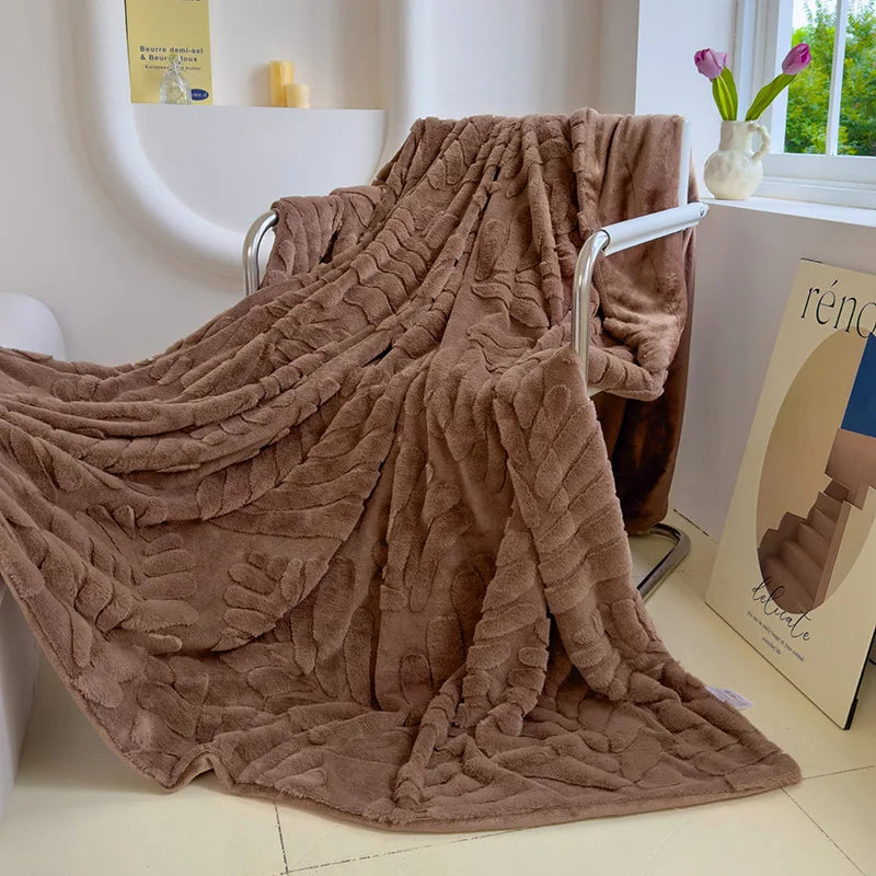 Cyflymder  Solid Banana Leaf Jacquard plush blankets Double Layered Thick Faux Rabbit Fur Bedspread Multi-Functional Office Nap Blanket