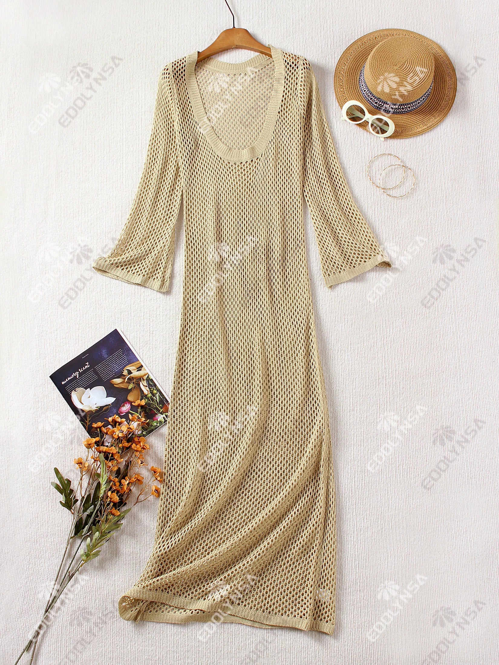 Cyflymder  Sexy U-neck Bell Sleeve Knit Maxi Dress Summer 2024 Women Swimwear Feminine Bikinis Cover-ups Holiday Crochet Beach Outfit K21