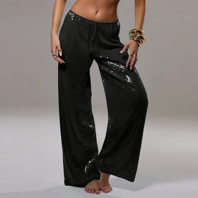 Cyflymder  Loose Solid Color Sequin Pants Woman Cinched Waist Glitter Straight Baggy Long Pants Casual Street Chic Sparkle Women's Trousers