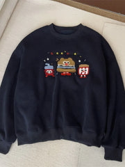 Cyflymder  Korean Casual All Match Thick Fleece-lined Cartoon Jacquard All Match Loose Solid Sweatshirts