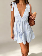 Cyflymder  Gingham Floral Print Mini Dress Women Deep V Neck Open Back Tie Bow Straps A-Line Skirt Lady's Vacation Layer Ruffle Hem Frock