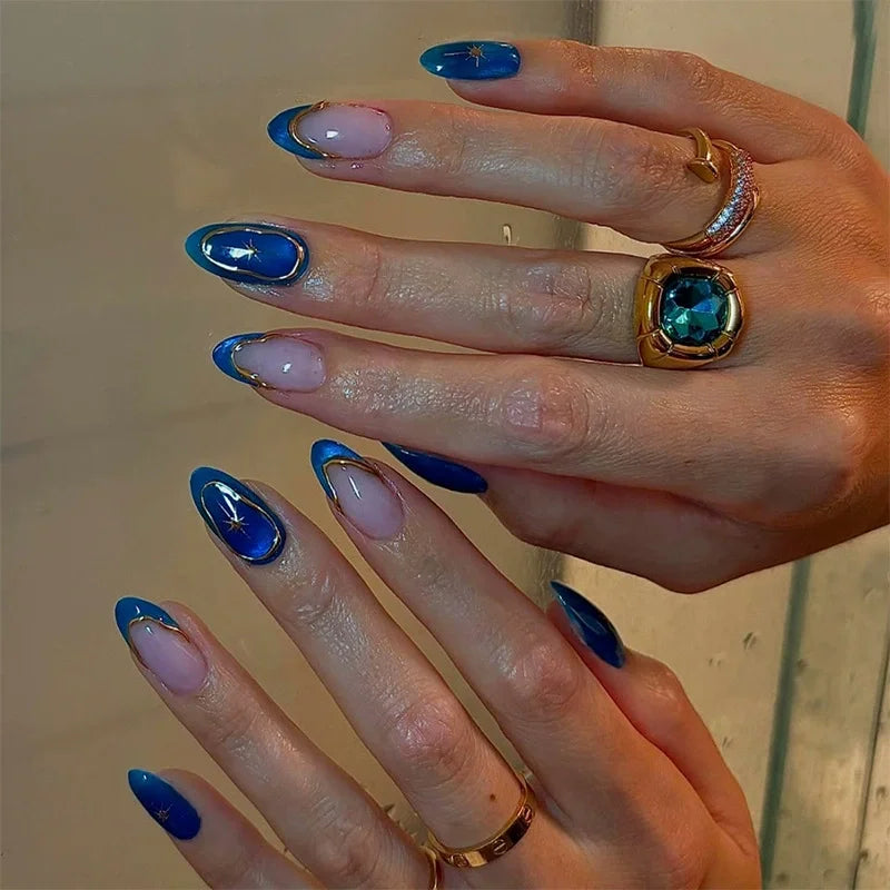 Cyflymder  24pcs Short Glitter Purple False Nails  Almond Stiletto French Wearable Fake Nails Art Artificial Full Cover Press on Nail Tips