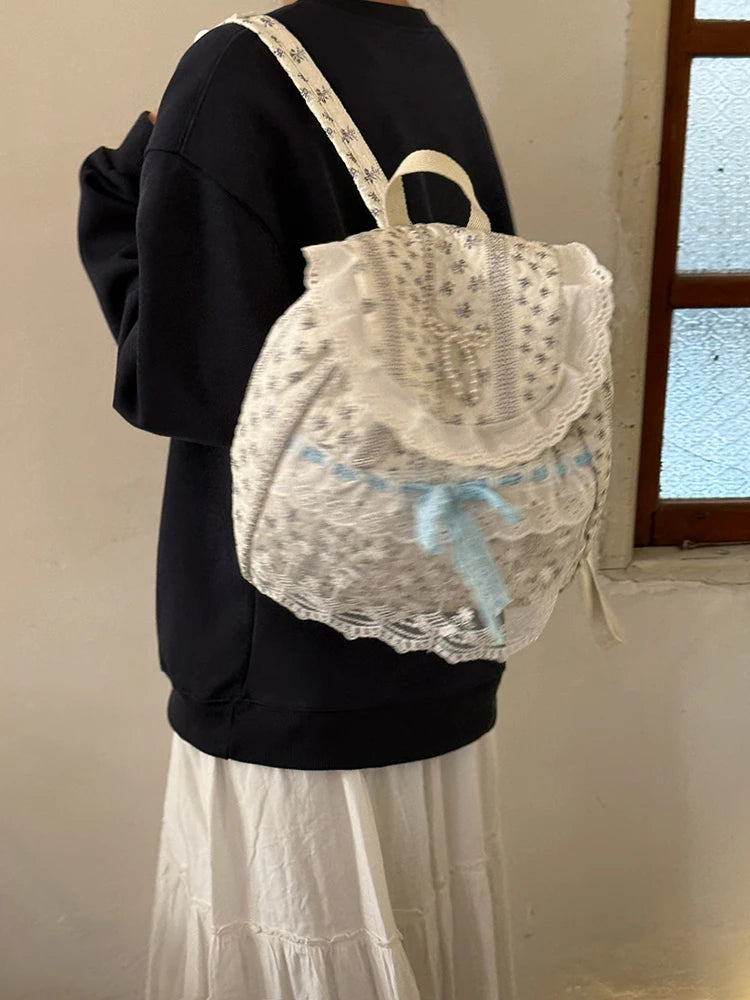 Cyflymder  Korean Lace Patchwork Sweet Bow Backpack Women Students Chic Flower Print Bow Schoolbags Y2k Aesthetic Girls All Match Backpacks