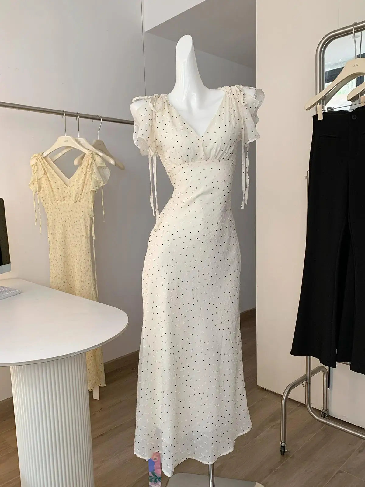 Cyflymder  Women's Summer Elegant V Neck Ruffles Sleeve Floral Long Dress Lady Streetwear Holiday Strap Slim Long Dress