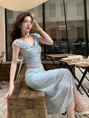 Cyflymder  Sweet Style, Off-shoulder Strap, One-shoulder Top, Plaid Skirt, Women's Korean Casual Summer Suit