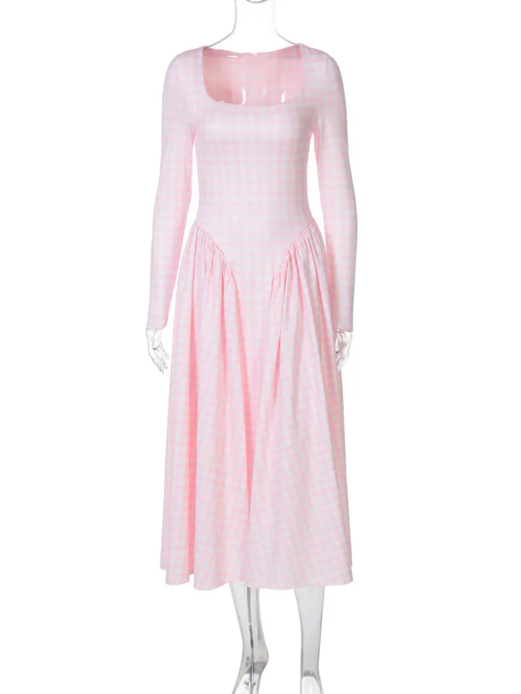 Cyflymder  Plaid Long Sleeve Pleated Maxi Dress For Women Autumn Fashion Square Collar High Waist A-line Club Party Long Dress New