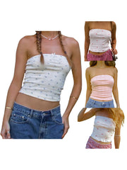 Cyflymder  Women s Off Shoulder Ruffle Crop Top Sexy Sleeveless Floral Print  Fit Blouse for Summer Beach Party Clubwear