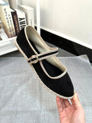 Cyflymder  Pointed Toe Mary Jeans Flats Shoes Women Velvet Black Cloth Ballet Flats Spring Autumn Hand Stitch Buckle Strap Shoes Footwear