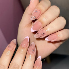 Cyflymder  24pcs French Almond Press on Nails Blue Flower False Nails Summer Wearable Stick-on Nails Fake Nail Uñas Накладные Ногти 네일팁