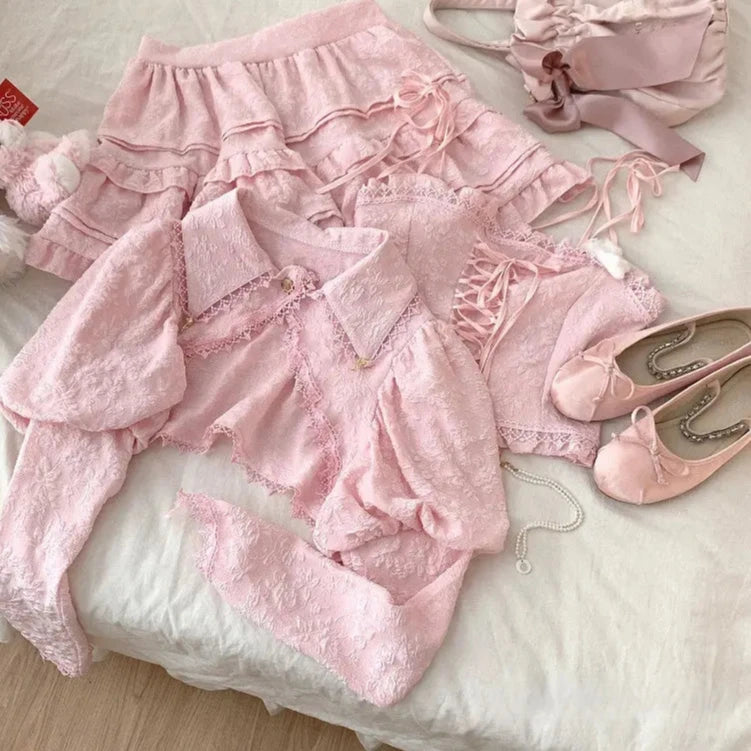 Cyflymder DRESS TO IMPRESS Autumn Kawaii Lolita Style Pink Skirt Sets Women Sweet Lace Bandage Tank Top Cute Mini Cake Skirt Chic Jacquard Relief Rose Suit