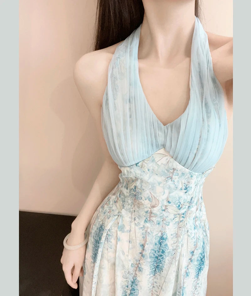 Cyflymder  Floral Sexy Halter Beach Dress Women Elegant Slim Sweet Sleeveless Vintage Long Dress Casual Retro Mesh Patchwork Vestidos