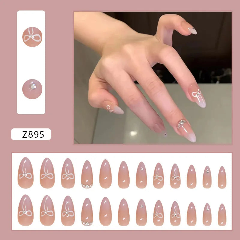 Cyflymder 24pcs/set French Strawberry Butterfly Cat Eye Press on Nails Fake Nails Manicure Detachable Nail Tips Oval False Nails Full Set