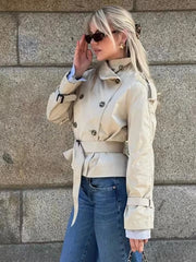 Cyflymder  Autumn Khaki Double Breasted Shorts Trench Coat with Belts Women Elegant Stand Collar Loose Jacket Female Windbreaker Outwears