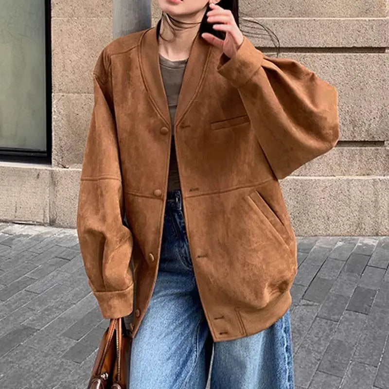 Cyflymder  Vintage Brown Bomber Jackets Women Autumn Single Breasted Full Sleeve Female Coats Fashion Streetwear Office Baseball Outerwears
