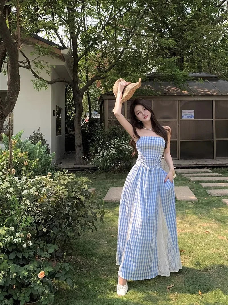 Cyflymder  Korean Style Blue Plaid Lace Halter Dress Women Summer 2025 Sweet Beach Vacation Maxi Skirt Long Dress One Shoulder Sleeveless