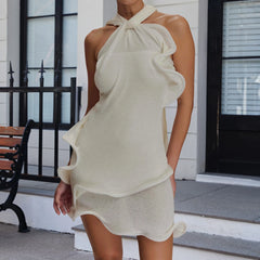 Cyflymder  y2k Mini Dress Women Summer Solid Color Sleeveless Halter Neck Knitted Ruffle Hem Dress Beach Party Dresses Streetwear