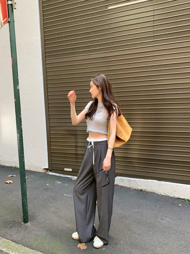 Cyflymder  Korean chic spring retro niche splicing high waist lace up versatile slim striped casual pants wide leg pants long 2025 New