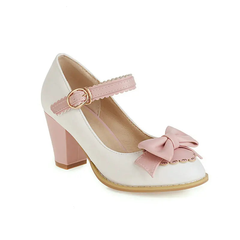 Cyflymder  Block Heels For Women Pumps Basketball Platform Bow Shoes Sandals Ladies Shallow Mouth Sweet Round Toe Chunky African Big Beige