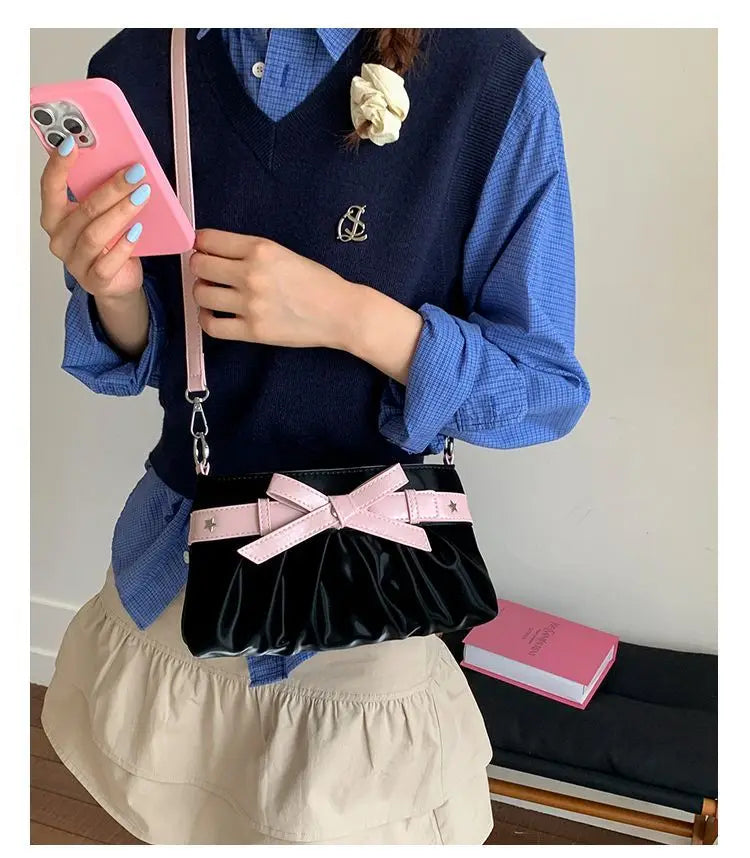 Cyflymder  Korean Hot Girl Bow Studded Handbag Women Simple Design Sweet Shoulder Bag Ladies Elegant Fashion Underarm Purse Y2k Aesthetic