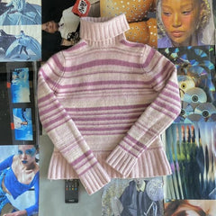 Cyflymder  Women Turtleneck Sweater Retro Striped Knit Slim Fit Soft Wool Blend Casual Fall Pullover Tops