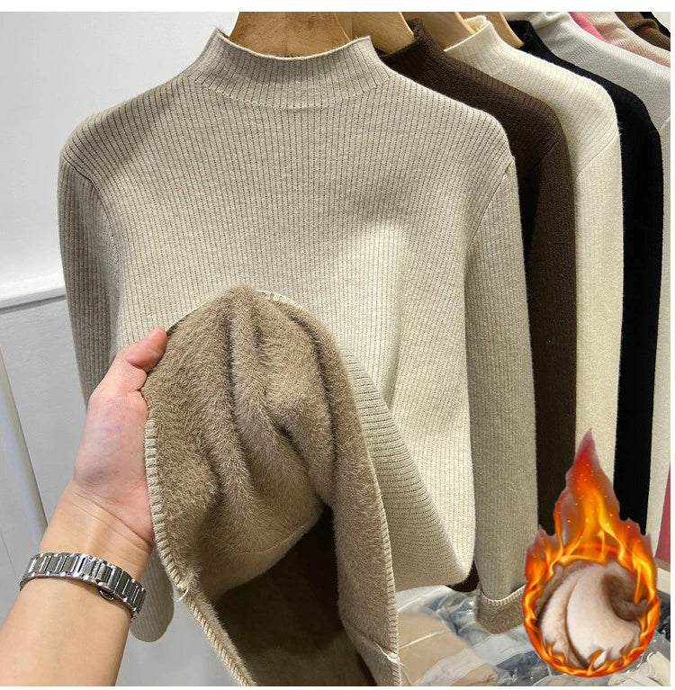 Cyflymder Turtleneck Winter Sweater Women Elegant Thicken Velvet Lined Warm Sueter Knitted Pullover Slim Tops Jersey Knitwear Jumper New