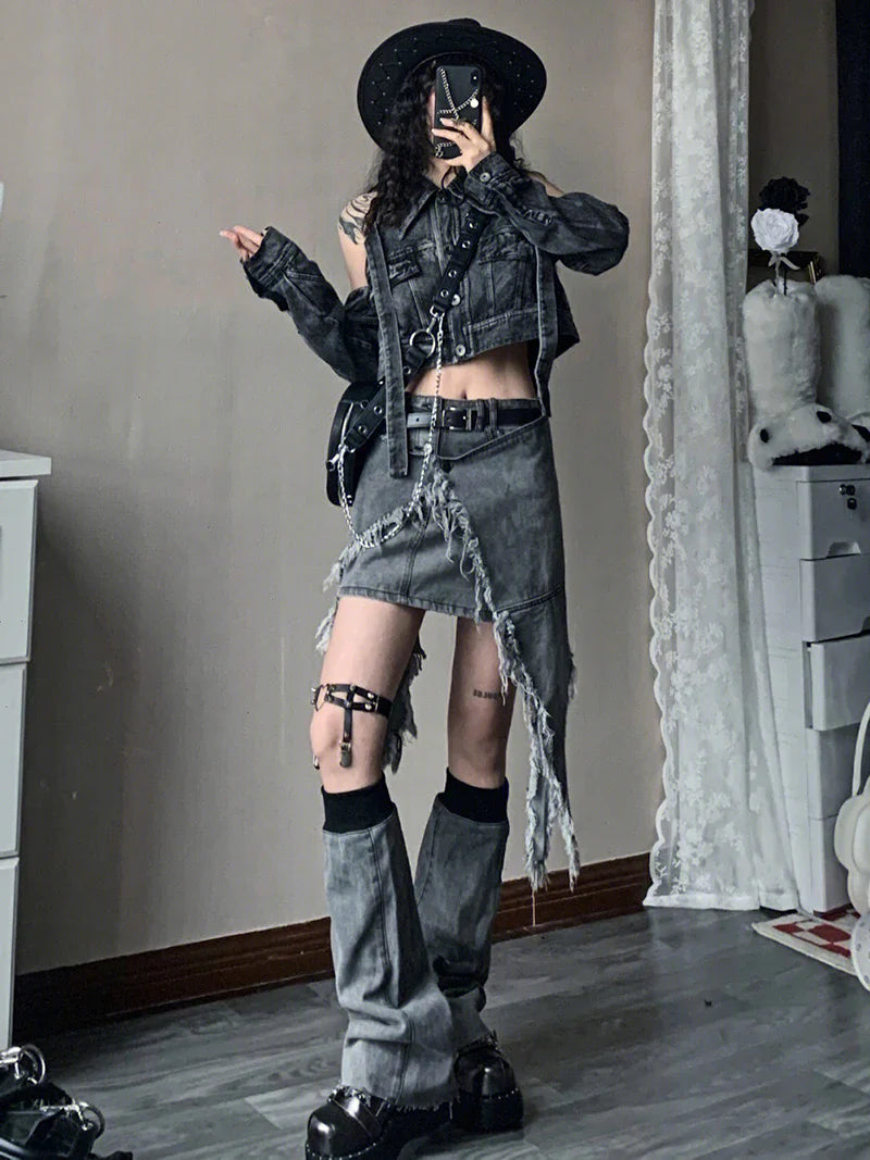 Fashion Women Skirt Set Mini Short Denim Skirt Waist Cape Chain Belt Leg Warmers Grunge Y2K Vintage Streetwear Cyflymder