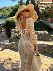 Cyflymder  Sexy U-neck Bell Sleeve Knit Maxi Dress Summer 2024 Women Swimwear Feminine Bikinis Cover-ups Holiday Crochet Beach Outfit K21