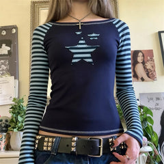 Cyflymder   Women's Retro Star Applique Y2k Gothic T-Shirt Casual Long Sleeve Raglan Tops Navy Blue Striped Sleeve Slim Fitted Tee Shirt