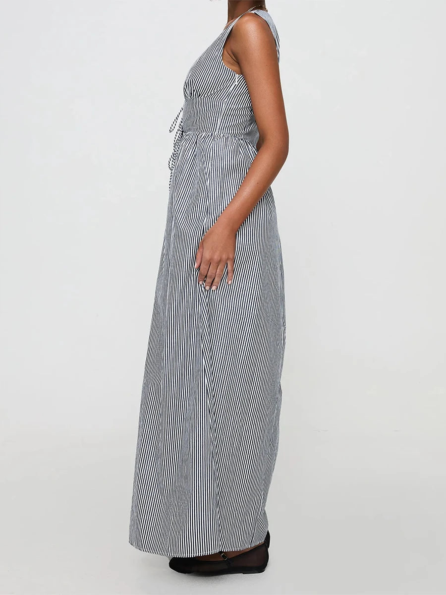 Cyflymder  Elegant Floral Print Sleeveless Maxi Dress with V-Neckline and Tie Waist Detail for Summer Wedding Party or Vacation Beachwear