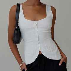 Cyflymder  Women Elegant Vintage Tank Top Button Down Sleeveless Shirt Vest Square Neck Slim Fit Crop Tops Going Out Workwear