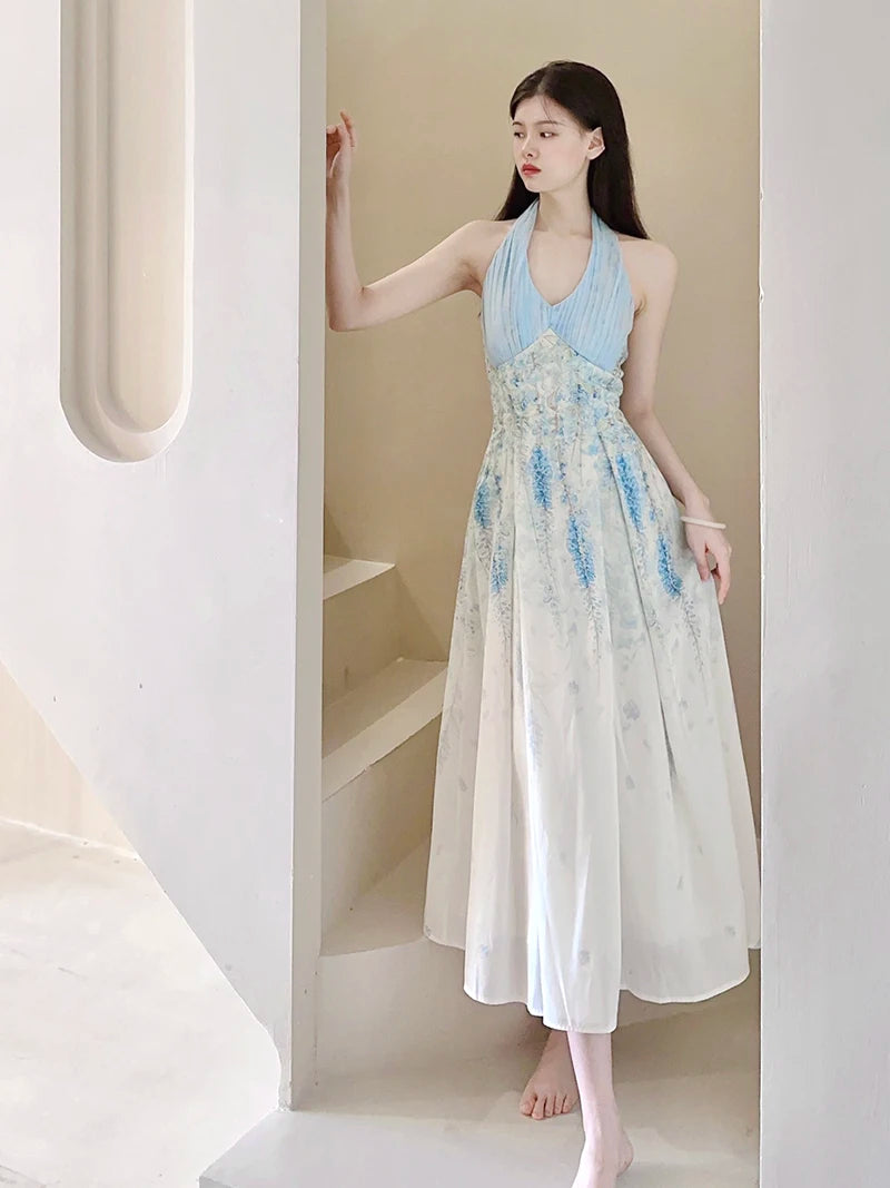 Cyflymder  Floral Sexy Halter Beach Dress Women Elegant Slim Sweet Sleeveless Vintage Long Dress Casual Retro Mesh Patchwork Vestidos