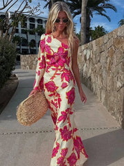 Cyflymder  Floral Print Satin One Shoulder Dress Waist Cinched Asymmetric  Summer Elegant Women Gown Causal Chic Lady Vestido