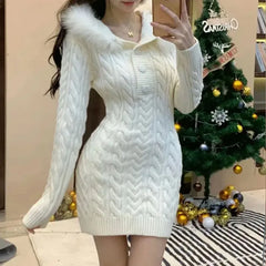 Cyflymder Autumn Winter Elegant Women Sweater Christmas Red Slim Fur Patchwork Hooded Knitted Dress Female Korean Knitwear Hoodie Tops