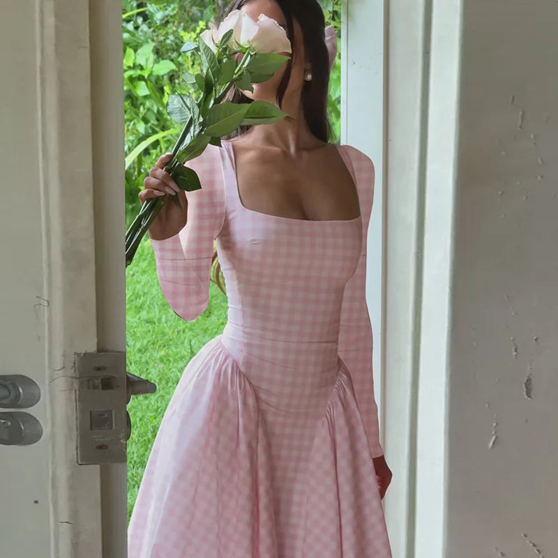 Cyflymder  Plaid Long Sleeve Pleated Maxi Dress For Women Autumn Fashion Square Collar High Waist A-line Club Party Long Dress New