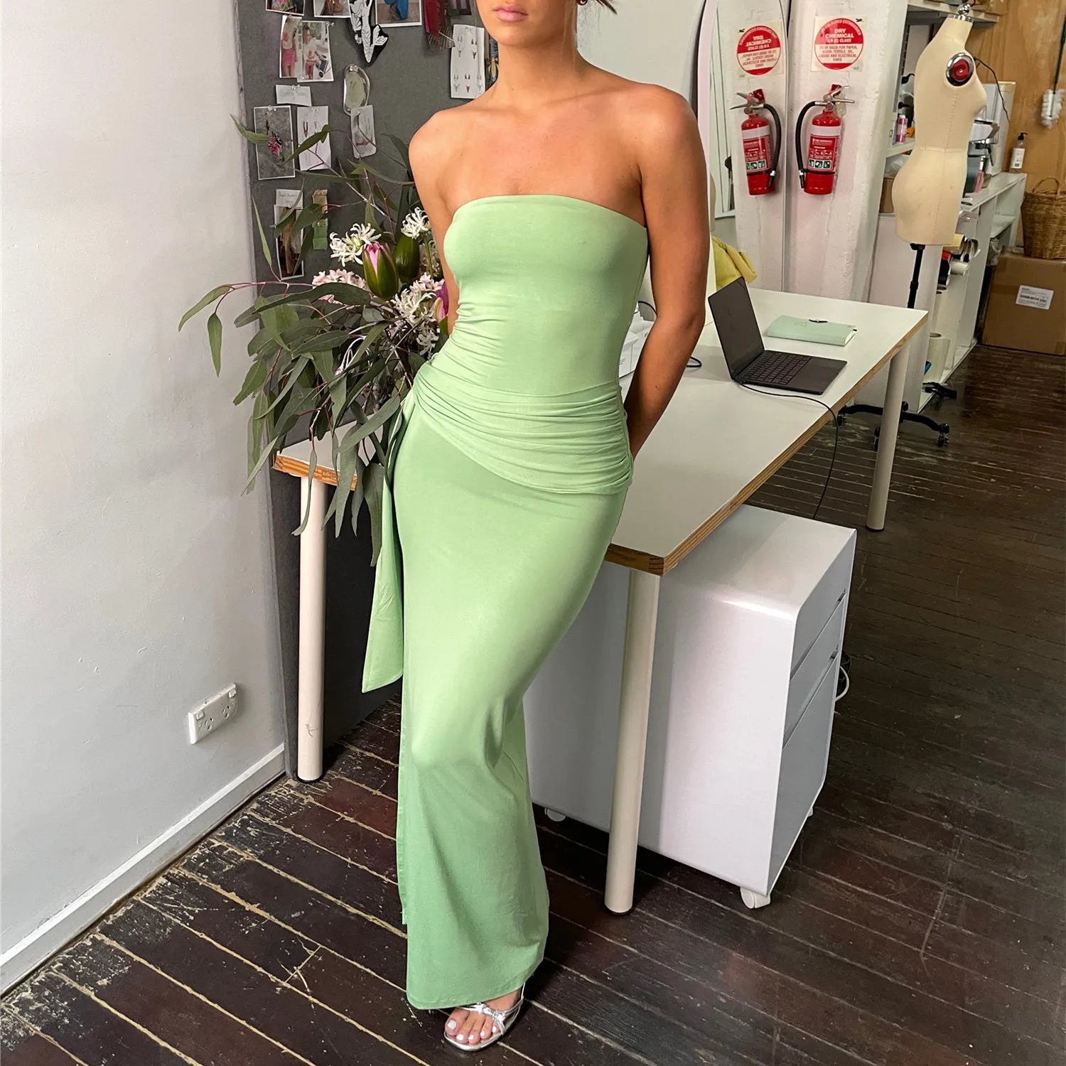 Cyflymder  Women Strapless Maxi Dress Boho Floral Print Bodycon Long Tube Dress Summer Tie Waist Long Holiday Beach Sundress