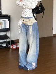 Cyflymder  Blue Vintage Graphic Women Distressed Jeans Washed Wide Leg American Style Straight Denim Trousers Baggy Casual Gyaru