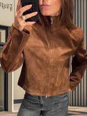 Cyflymder  Women's Brown Suede Stand Collar Short Jacket Long Sleeve Zipper Y2K Streetwear Spring Fashion Brown Coat for Ladies