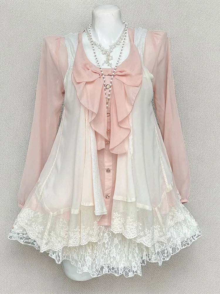 Cyflymder  New Vintage Japanese Sweet Women 3 Piece Sets Long Sleeve Tops + Chic Cardigan + Cake Skirts Subculture Elegant Fashion Outfits