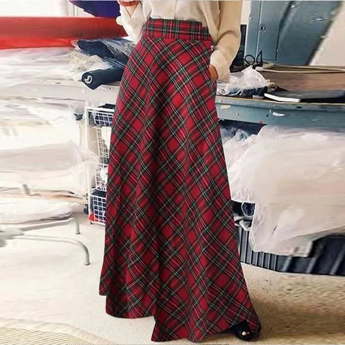 Cyflymder  Spring Autumn Women Floor Length Long Skirt Plaid High Waist Large Swing A-Line Skirt Side Zip Up Korean Style Plus Size Skirt